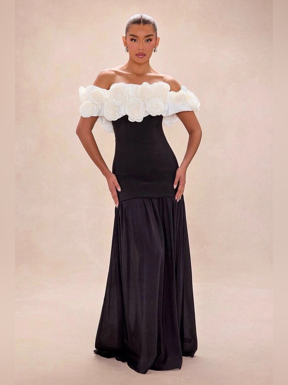 Black White Rosette Maxi Gown Off Shoulder Drop Waist Chiffon 3D Floral 1X